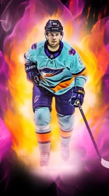 Vibrant Digital Airbrushed Hockey Player in Action with Pop Art Aesthetic AI Image