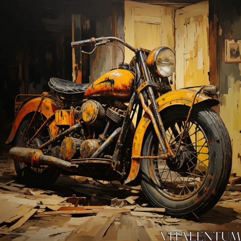 Antique Motorcycle in Oil Painting Style Amidst Old Garage Ambience AI Image