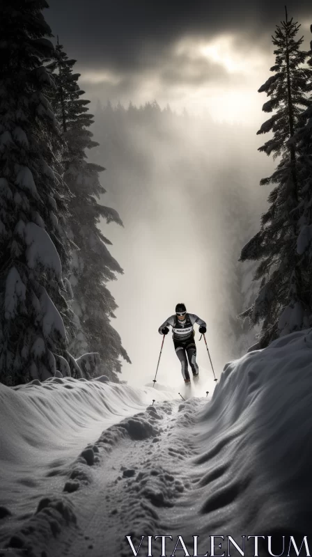 AI ART Dramatic Skier in Snowy Forest Trail Photo