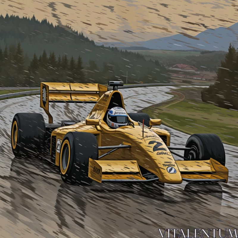 Gold Race Car in Rain: Blend of Realism & Neogeo Art  - AI Generated Images AI Image