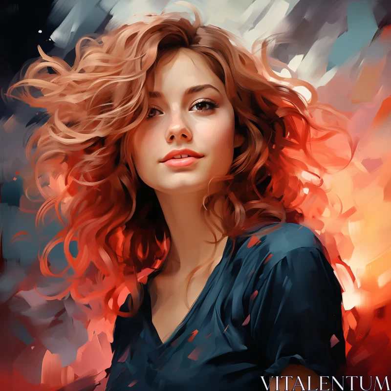 Impressionistic Portrait of Red-Haired Woman in Contrasting Hues AI Image