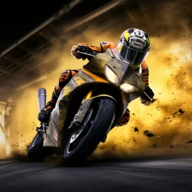 Intense Xbox 360 Graphics Scene with Man Riding Motorcycle Amidst Explosive Chaos AI Image