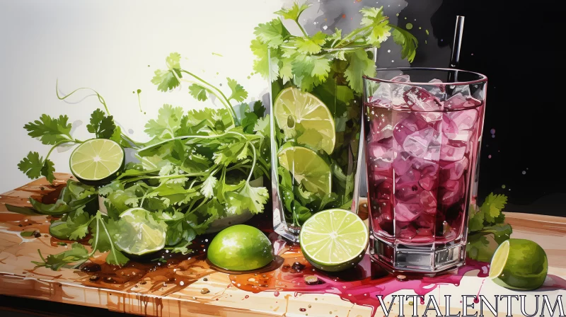 Refreshing Cocktail with Limes and Cilantro - Artistic Representation AI Image