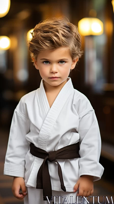 Determined Young Boy in White Karate Uniform: Macro Portrait AI Image