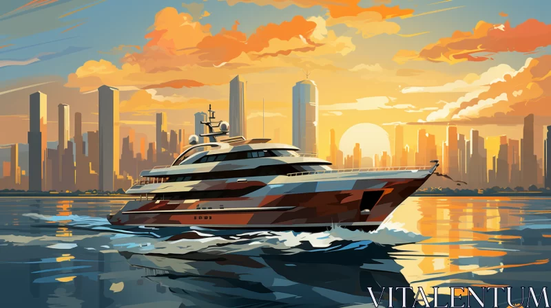 Luxurious Yacht Sailing on Sapphire Sea with Cubist NYC Backdrop AI Image