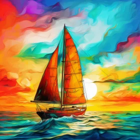 Psychedelic Sailboat at Vibrant Sunset in Multilayered Realism Style AI Image