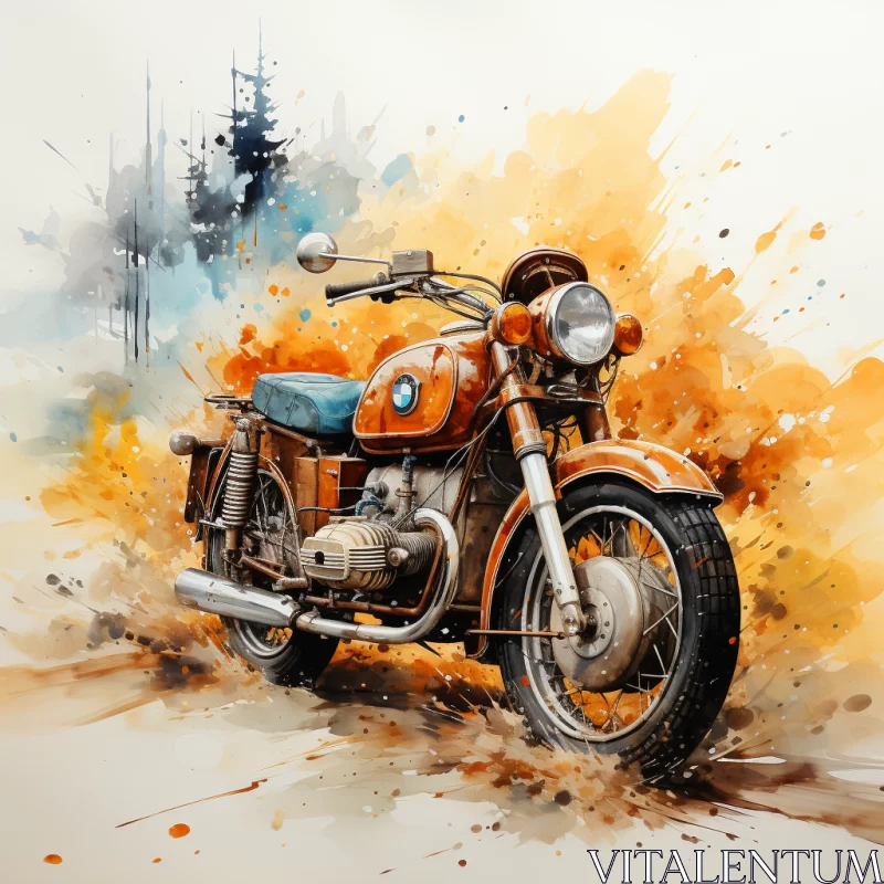Retro Motorcycle in Dreamy Watercolor Landscape AI Image