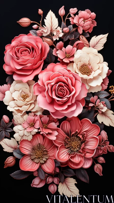 Romantic Porcelain Flower Composition in Light Pink and Black AI Image
