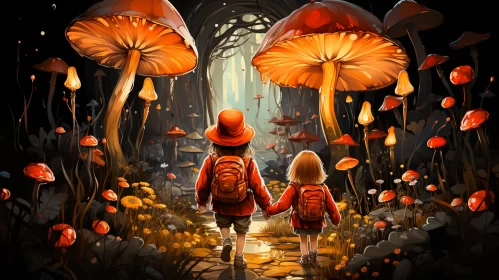 Fantasy Illustration of Children and Mushrooms in Woodland AI Image