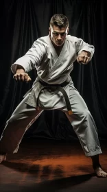 Powerful Karate Stance in White Uniform with Vintage Background AI Image