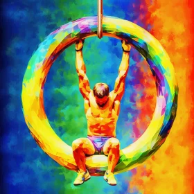 Vibrant Expressionist-Realistic Painting of Gymnast Performing Handstand on Rainbow Ring AI Image