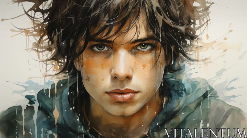 Captivating Watercolor Painting of a Youthful Young Man with Painted Eyes in a Realm of Epic Fantasy AI Image