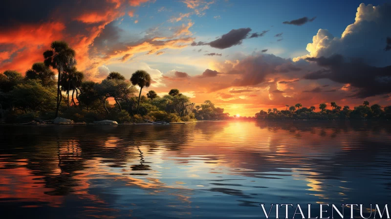 Ethereal Sunset Over Tranquil Jungle Lake AI Image