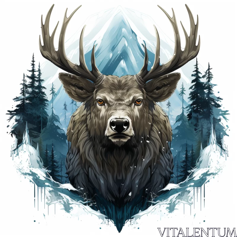 Gothic Deer Illustration Amidst Mountainous Landscape AI Image