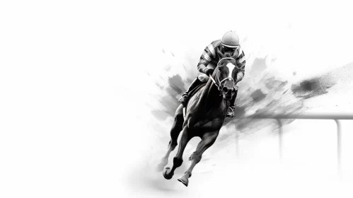 High-Resolution, B&W Digital Illustration of Jockey Racing Horse AI Image