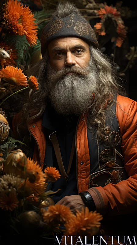 Man with Long Hair Posing Amidst Orange Flowers - Wildlife Portraits AI Image