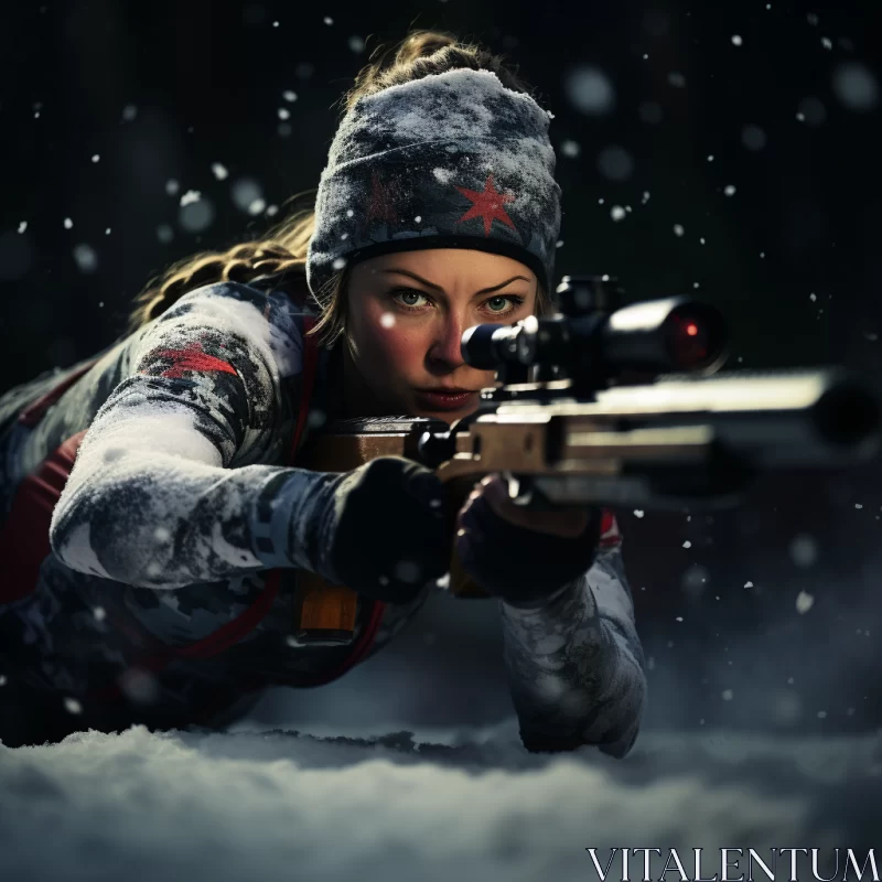 AI ART Intense Hunting Season Portrayal in Snowstorm - Female Sports Shooter in Focus