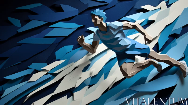Surreal Blue Paper Art Landscape with Running Man Illustration AI Image
