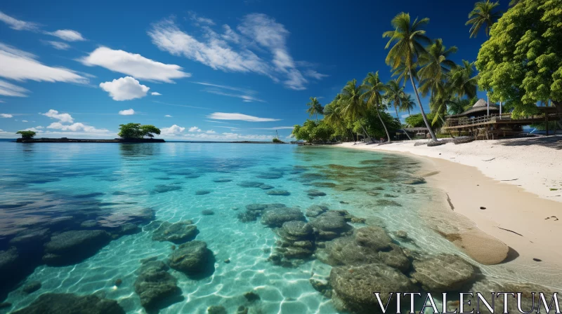Surreal Tropical Vista with Serene Sunrise and Clear Lagoon AI Image