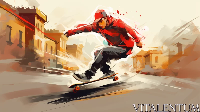 AI ART HD Skateboarder Illustration in Street Trick with Dominant Red and Amber Hues