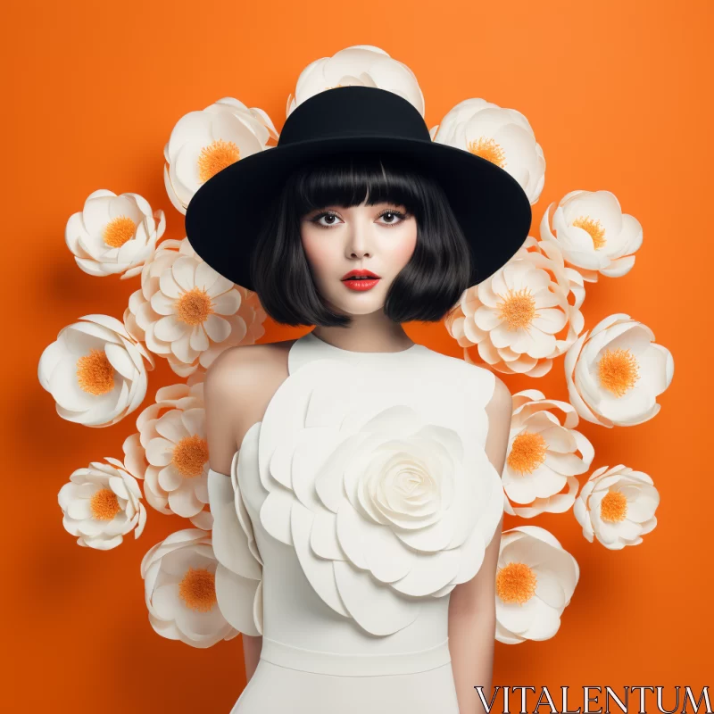 Asian-Inspired Fashion Model with Paper Flowers - Monochromatic Art AI Image