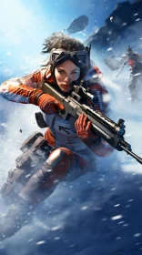 Dramatic Frostpunk Style Female Skier with Rifle Illustration AI Image