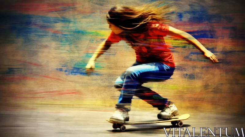 Dynamic Skateboarding Scene with Abstract Elements and Contrasting Colors AI Image