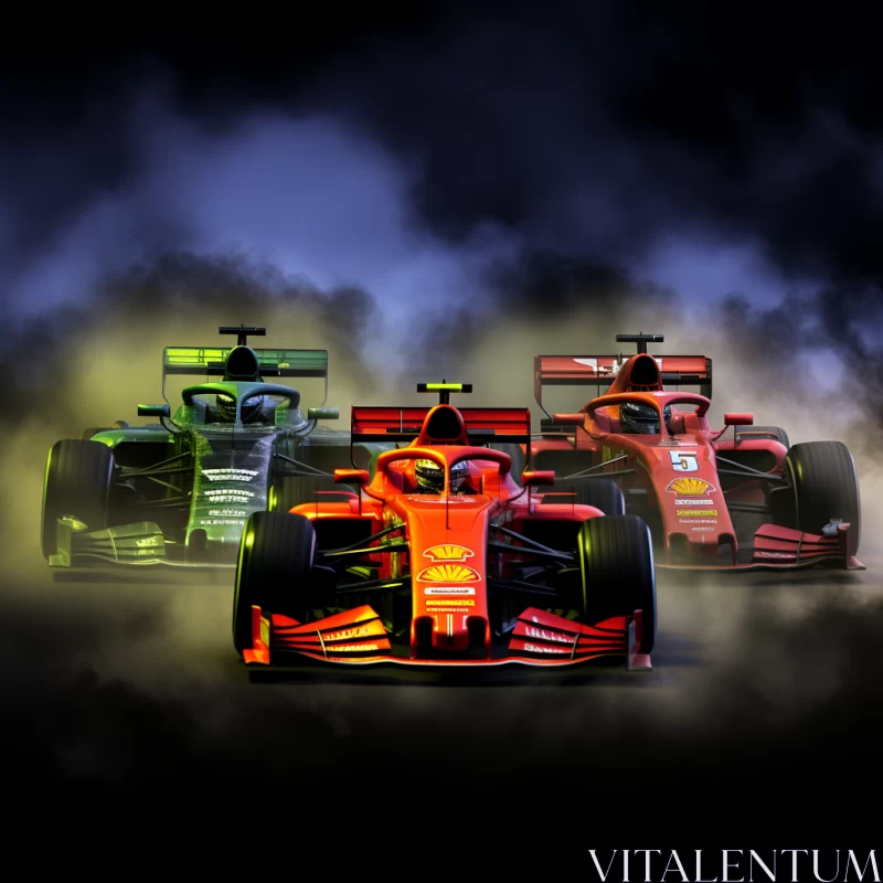 Thrilling Display of Two Parked Ferrari F1 Cars Against a Dramatic Backdrop  - AI Generated Images AI Image