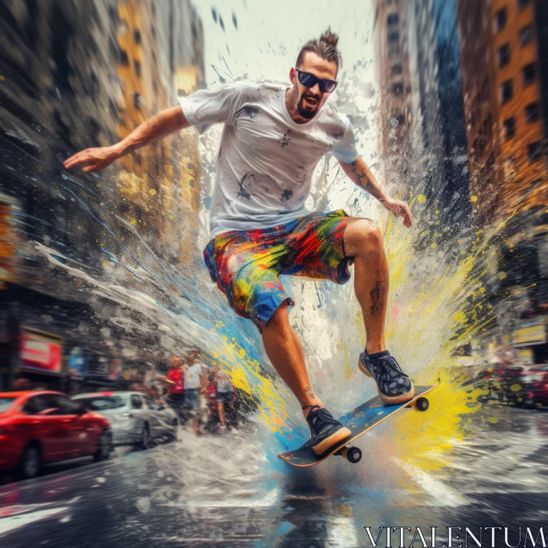 AI ART Ultra-HD, Hyper-Realistic Skateboarder Mid-Stunt Image with Pop Art Cityscape