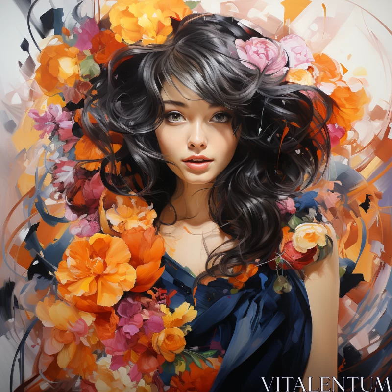 Abstract Anime Art: Floral Adorned Woman with Vase AI Image
