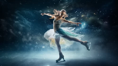 Graceful Blonde Figure Skater on Snowy Ice Stage in Vibrant Hues AI Image
