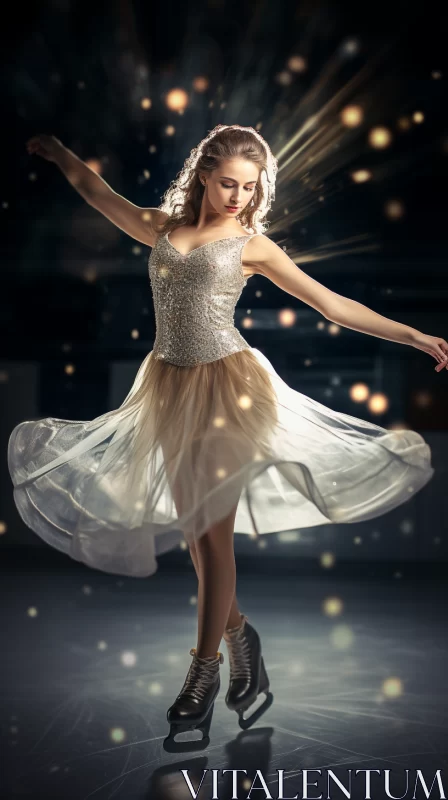 Graceful Woman Skater Gliding on Glowing Ice Rink in Elegant Dress AI Image