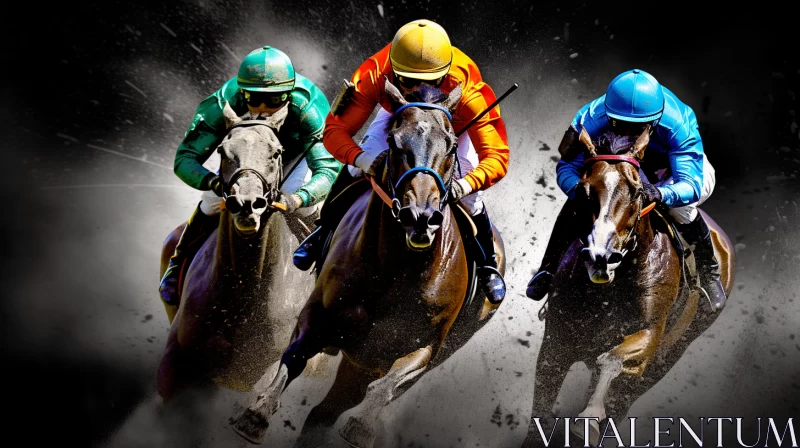 High-Resolution Digital Image of Intense Horse Race in Vibrant Attire AI Image