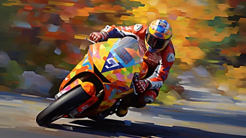Impressionist Motorcycle Rider Art in Vibrant Orange & Purple AI Image
