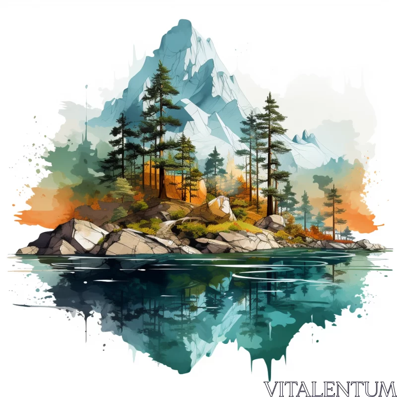 Inkblot-Style Mountain Landscape with Lake Reflection in Aquamarine and Amber AI Image