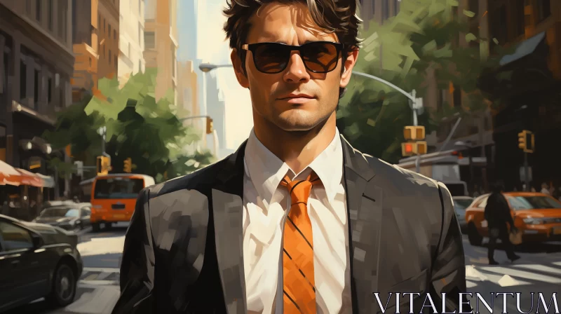 Mysterious Man in Suit Walking on NYC Street in Stylized Realism AI Image