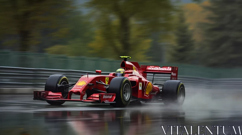 Photorealistic Image of Red Ferrari F1 Racing Car in Rainy Race  - AI Generated Images AI Image