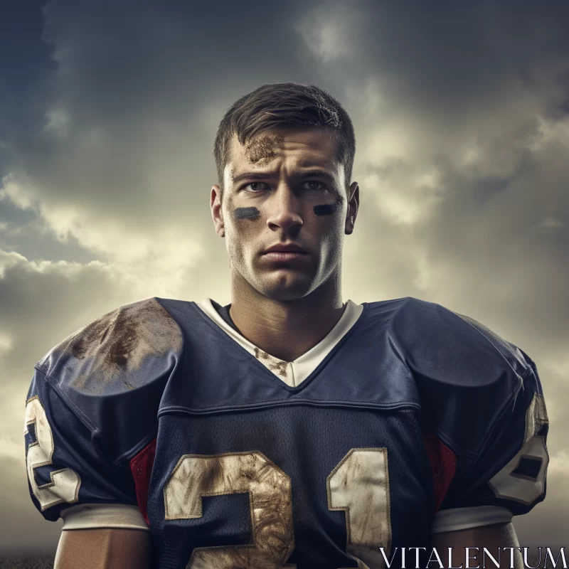 American Football Player Showcasing Strength and Americana Style on Muddy Field AI Image