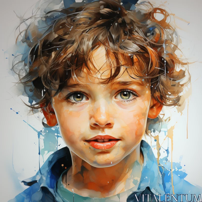 Curly-Haired Boy Portrait in Watercolor and Fantastic Realism AI Image