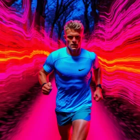 Energetic Runner in Blue Shirt Amidst Colorful Lights in Serene Park AI Image
