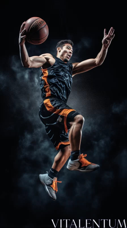 Intense Basketball Game: Player Mid-Dunk in Vibrant Orange Light AI Image