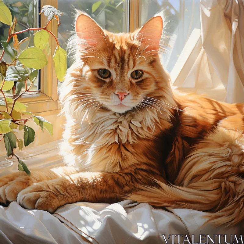 Intriguing Orange Cat on Windowsill in Warm Sunlight AI Image