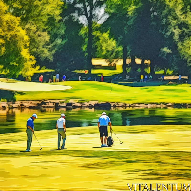 Impressionistic Golfing Scene with Vibrant Pond & Majestic Waterfall AI Image