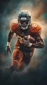 Powerful American Football Player in Dark Orange, Mid-Stride AI Image