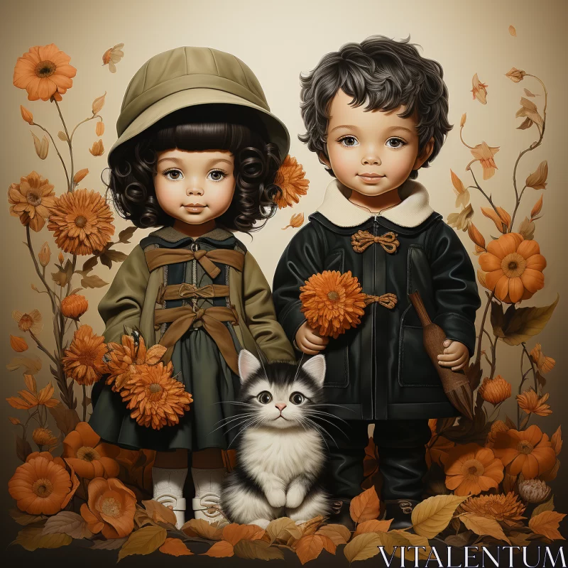 Realistic Studio Portraiture of Children with Cat in Autumn AI Image