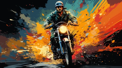 Retro-Themed Pop Art of Motorcycle Hero in Military Scene AI Image
