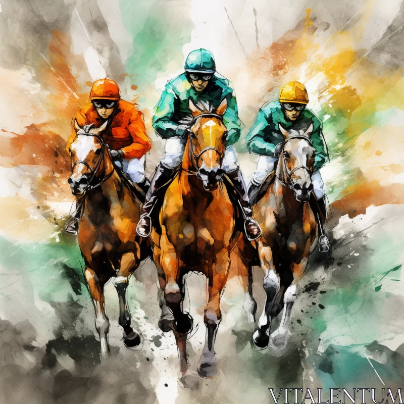 Vibrant Watercolor Horse Race Painting in Dynamic Orange and Cyan AI Image