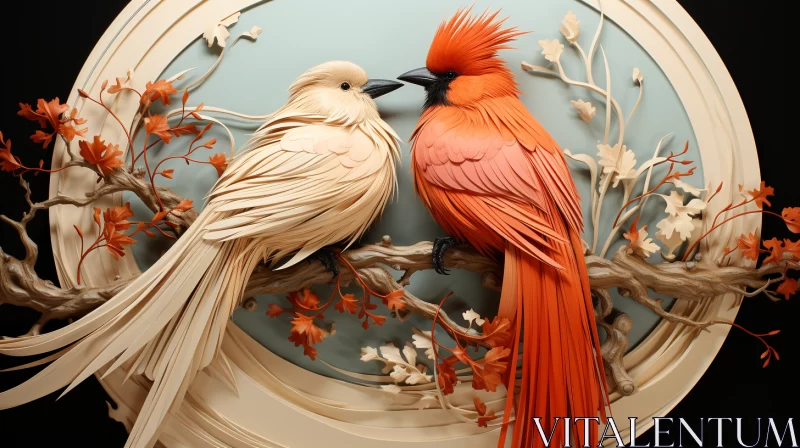 Exquisite Paper Sculpture of Two Birds on a Red Base - Vibrant Colors and Intricate Details AI Image