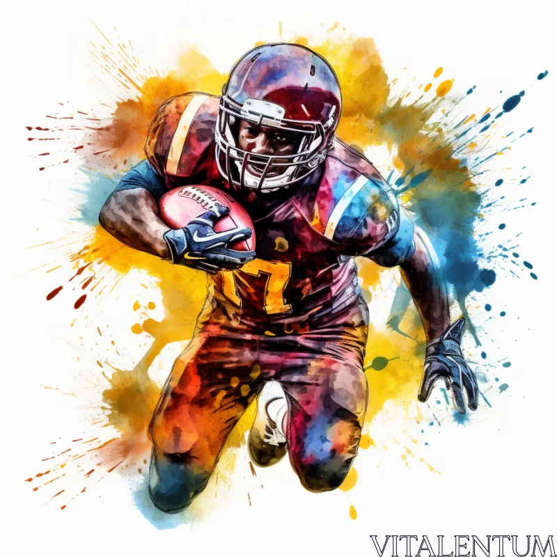 Intense American Football Illustration with Watercolor Effect AI Image