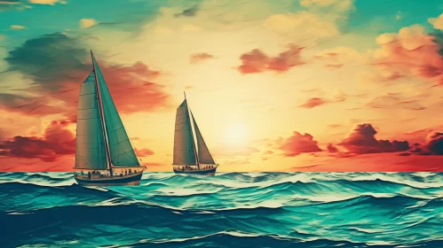 Intricate Sailboat Illustration in Turbulent Ocean with Swirling Vortexes Under Sunset Sky AI Image